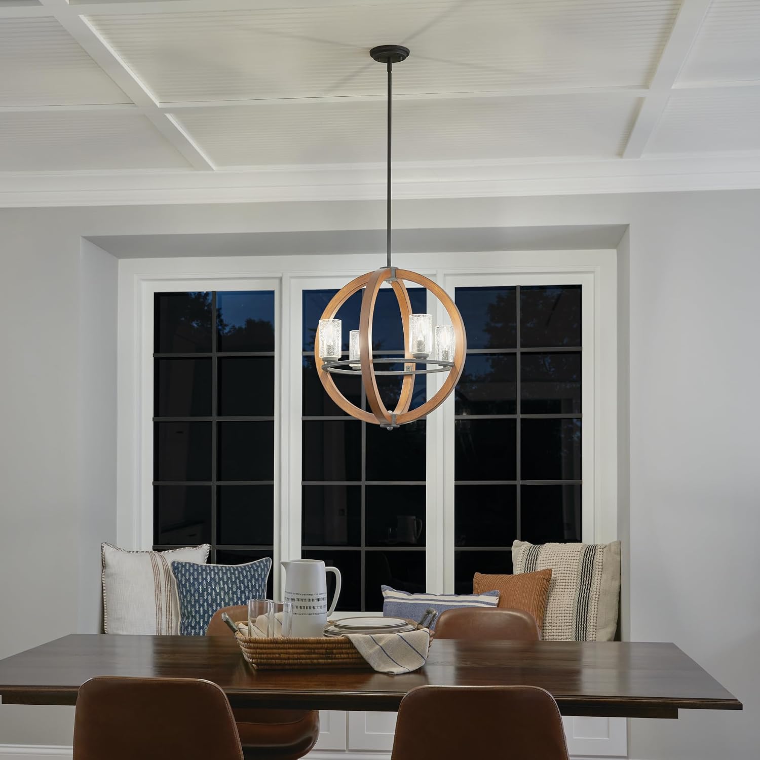 Kichler Grand Bank 4-Light Chandelier with Clear Seeded Glass in Auburn Stained Wood and Distressed Black Metal for Dining Room